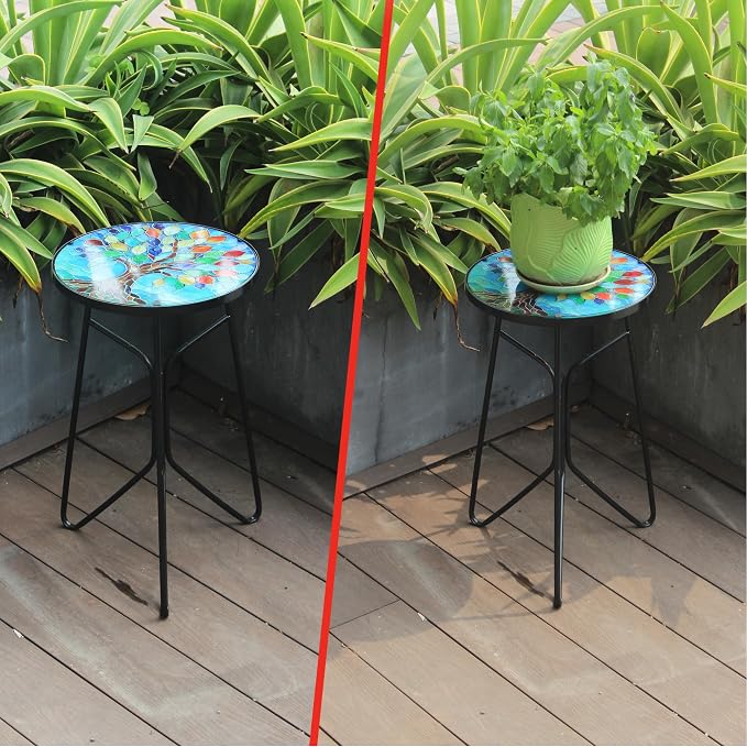 12 Inch Mosaic Colorful Tree of Life Patio Side Table, Small Round End Tables, Glass Plant Tables Indoor, Garden or Living Room Decor Afternoon Tea Dinner Table, Simple Assembly Cast Iron Plant Stand