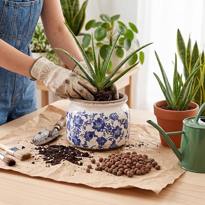 7.7" Large Vintage Ceramic Plant Pot Blue White Farmhouse Rose Crackle Glaze Rustic Flowers Planter Pot with Drainage for Indoor Outdoor Plants Kitchen Office Shelf Home Decor Gift