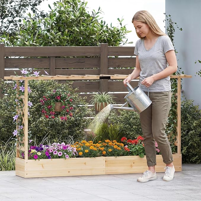 S AFSTAR Raised Garden Bed with Trellis, 2-in-1 Fir Wood Planter Box with Flat Roof & Drainage Holes, Vertical Planter Raised Bed for Climbing Plants, Flowers & Vegetables, 87" x 14" x 45" (Natural)