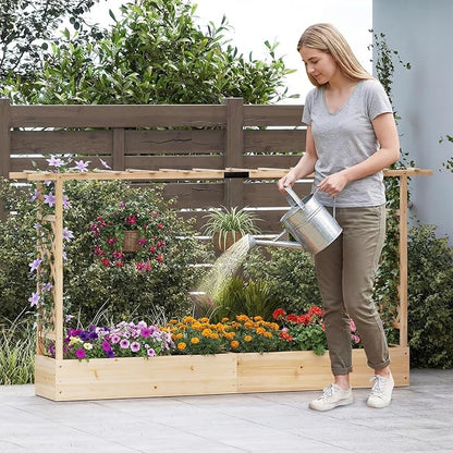 S AFSTAR Raised Garden Bed with Trellis, 2-in-1 Fir Wood Planter Box with Flat Roof & Drainage Holes, Vertical Planter Raised Bed for Climbing Plants, Flowers & Vegetables, 87" x 14" x 45" (Natural)