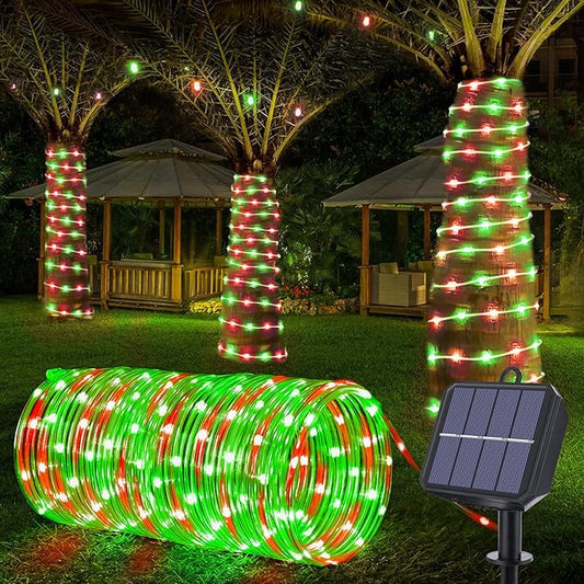 Solar Rope Lights, 33ft 100LED Solar String Lights, 8 Modes Waterproof Solar Powered Outdoor Light, Flexible Clear Tube Light for Garden Backyard Patio Deck Porch Pool Tree Christmas Decor- Red&Green