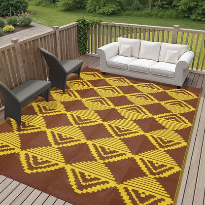 Anidaroel Patio Rugs Outdoor 8x10ft Waterproof, Reversible Camping Rugs for Outside RV, Outdoor Plastic Straw Outside Area Rugs for Patio, Backyard, Pool Deck, Picnic (Yellow&Brown,8‘x10')