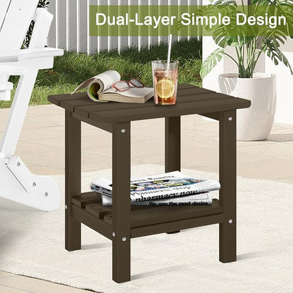 Adirondack Outdoor Side Table, 2-Tier Small Patio End Table, Weather Resistant HDPE Outdoor End Tables for Garden, Lawn, Pool, Beach, Porch, Deck, Backyard - Square, Dark Brown