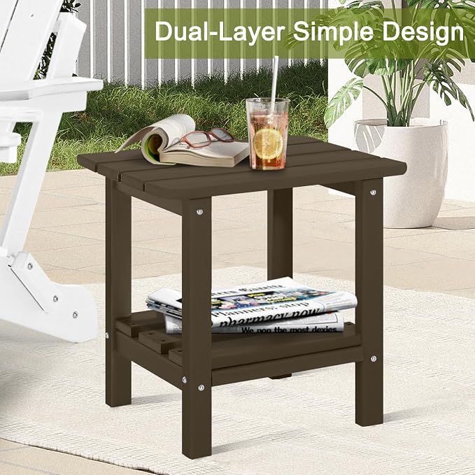 Set of 2 Adirondack Outdoor Side Table, 2-Tier Small Patio End Table, Weather Resistant HDPE Outdoor End Tables for Garden, Lawn, Pool, Beach, Porch, Deck, Backyard - Square, Dark Brown