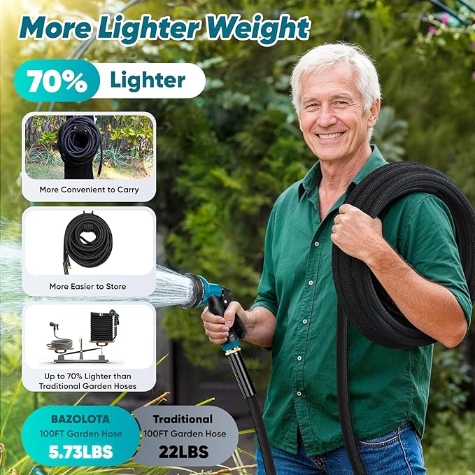 Garden Hose 75FT Non-Expanding, Lightweight Hose With 10-Function Nozzle, Leak-Proof, No-Knot, Easy to Carry, Wear-Resistant, Sturdy 3/4GHT Flexible Water Hose for Yard Garden Outdoor