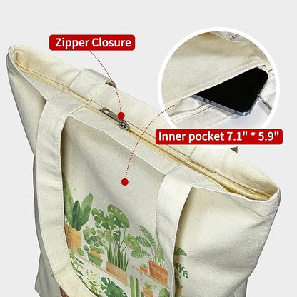 itgowisa Canvas Tote Bag for Women, Tote Bag with Zipper Inner Pocket, Zippered Canvas Bag for Shopping Work Grocery Everyday