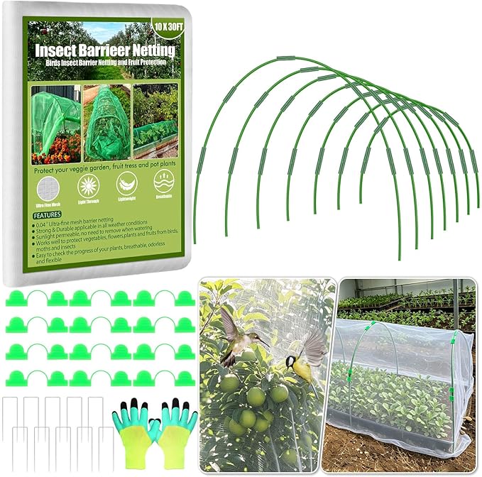 Tetutor Garden Mesh Netting Kit,7 Sets Wide Garden Hoops with 10x30 ft Garden Covers Bird Netting& 12 Clips, Garden Protection for Raised Beds Greenhouse Vegetable Plants Flowers Green