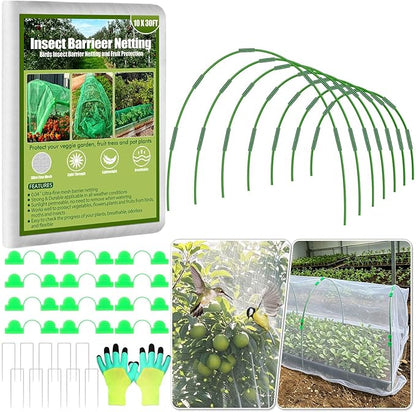 Tetutor Garden Mesh Netting Kit,7 Sets Wide Garden Hoops with 10x30 ft Garden Covers Bird Netting& 12 Clips, Garden Protection for Raised Beds Greenhouse Vegetable Plants Flowers Green