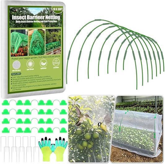 Tetutor Garden Mesh Netting Kit,7 Sets Wide Garden Hoops with 10x30 ft Garden Covers Bird Netting& 12 Clips, Garden Protection for Raised Beds Greenhouse Vegetable Plants Flowers Green