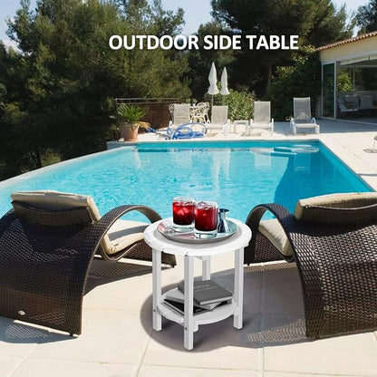 2 Tier Round Outdoor Side Table with Wood-Like Grain, HDPE Adirondack Table Patio Side Table, Weather Resistant End Table for Pool, Patio & Porch, Small Outdoor Table (White, Round)