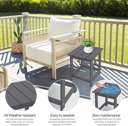 LZRS Square Patio Side Table, Heavy Duty HDPE Outdoor End Table with Wood Texture, Weatherproof Composite Table for Adirondack Chairs, Deck, Pool, Indoor/Outdoor, No Peeling or Cracking(Grey)