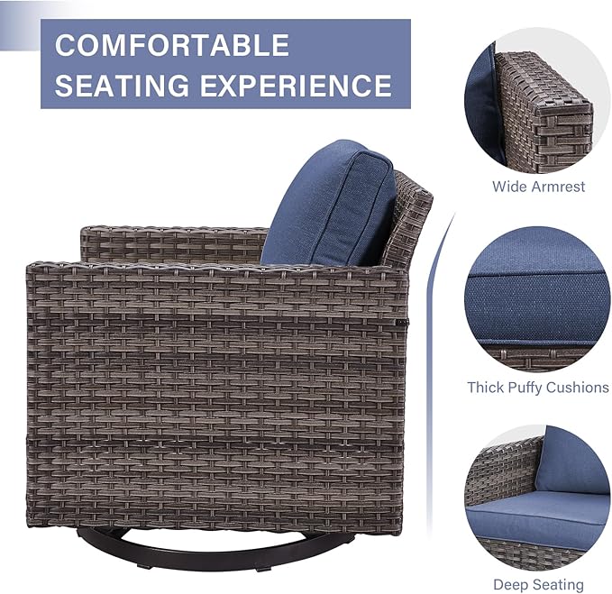 Outdoor Patio Swivel Rocker Chairs - Wicker Patio Swivel Rocking Chairs Set of 2 with Waterproof Wicker,Comfortable Cushions and Sturdy Metal Frame for Outside Porch Deck Backyard(Mixed Grey/Blue)
