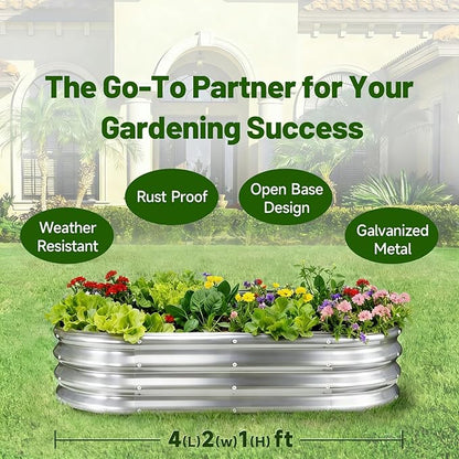 GOOZOO 2PC Galvanized Planter Raised Garden Beds, 4x2x1ft Raised Garden Bed Kit for Gardening Outdoor, Oval Metal Land Planter Box for Vegetables, Fruits, Flowers（Silver）