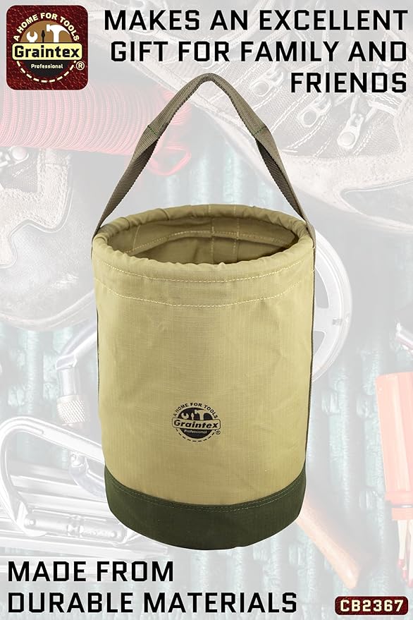 Graintex Canvas Utility Bucket 12"x15", Round Tool Bucket, Reinforced Base & Carry Handle, Ripstop Canvas, Multi-Purpose Bag for Jobsite, Gardening, Home Use, Ideal for Tool Storage Solutions