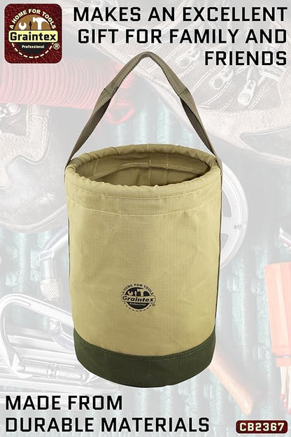 Graintex Canvas Utility Bucket 12"x15", Round Tool Bucket, Reinforced Base & Carry Handle, Ripstop Canvas, Multi-Purpose Bag for Jobsite, Gardening, Home Use, Ideal for Tool Storage Solutions