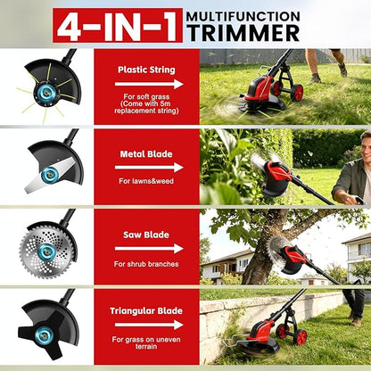 Electric Weed Wacker with Wheels, 12-Inch 2x3.0Ah 21V Battery Powered Weed Eater, Cordless Lawn Mower with 4 Types Blades, 800W Brushless Brush Cutter, 20000RPM Grass Trimmer for Garden Yard