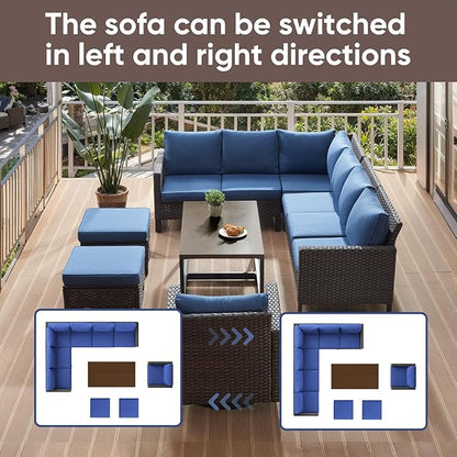 HUMMUH 10 Piece Patio Furniture Set PE Wicker 3 Outdoor Sectional Sofa Set with Patio Swivel Chairs Dinning Table Ottomans for Porch,Garden,Backyard,Deck(Brown/Blue)