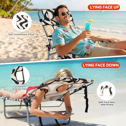 Tanning Chair with Face Hole for Adults, Outdoor Folding Lounge Chair with Side Table for Phone Drinks and Tablet, 4 Position Adjustable Backrest, Lay Flat Chaise Lounger for Beach Patio Pool