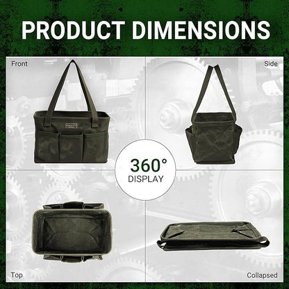 Tool Bag with Metal Frame, Waxed Canvas Wide Open Top Tool Tote Bag with 7 External Pockets, 13.5 x 7.8 x 7.8 Inches (ArmyGreen)