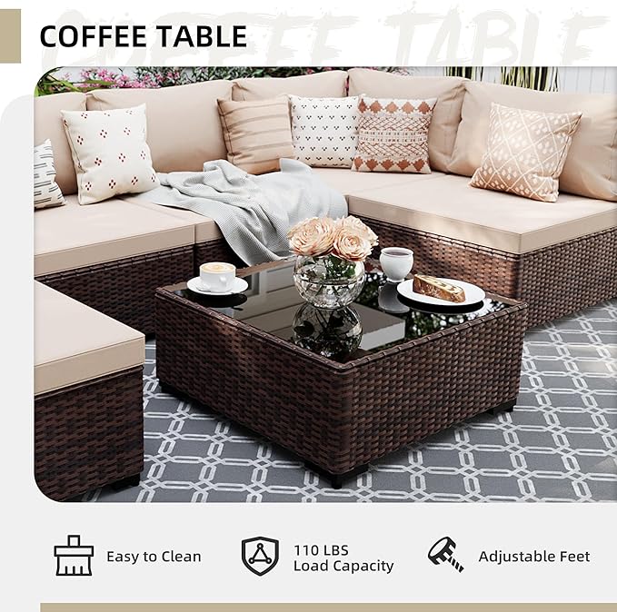 UPHA 10 Pieces Patio Furniture Sets Outdoor Sectional Sofa Wicker Conversation Couch with Bistro Swivel Chair for Decks, Backyards, Gardens, Brown Rattan, Beige Cushion
