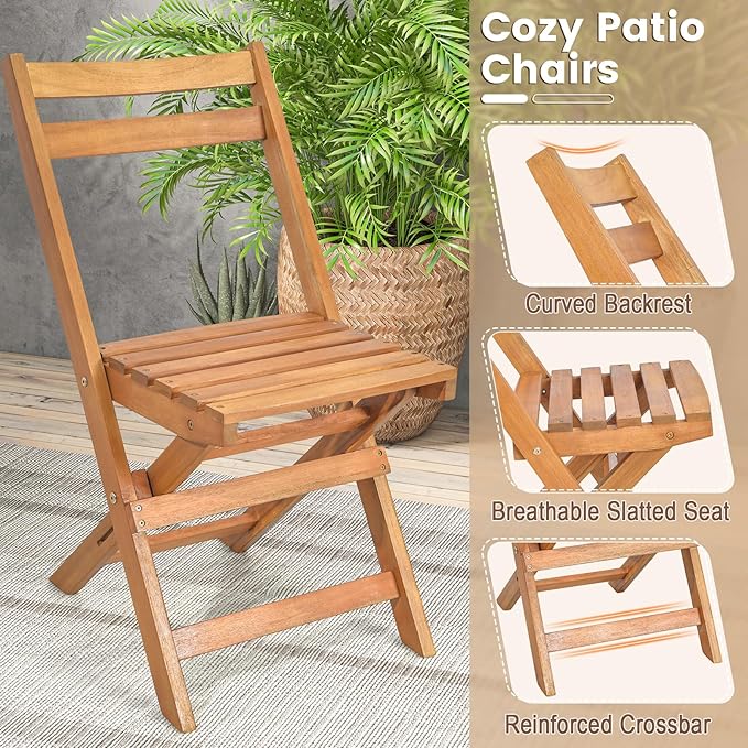 HAPPYGRILL Folding Patio Bistro Set Wood Chair Table Set with Slatted Acacia Wood Seat & Tabletop, Cozy High Back Chairs with Table, Outdoor Dining Set for Backyard, Poolside