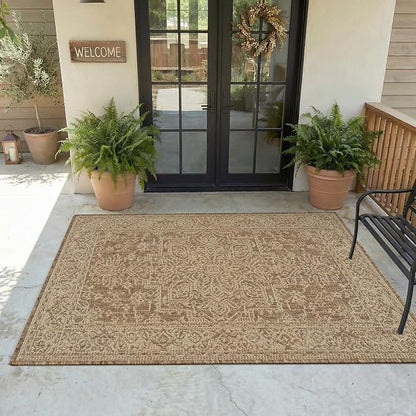 MontVoo-3x5 Outdoor Rug Porch Entryway Rug-Polypropylene Indoor Outdoor Rugs for Entryway Kitchen Balcony Patio, Textured Weave, Durable, Fade-Resistant, Non-Shedding, Vintage Neutral Brown