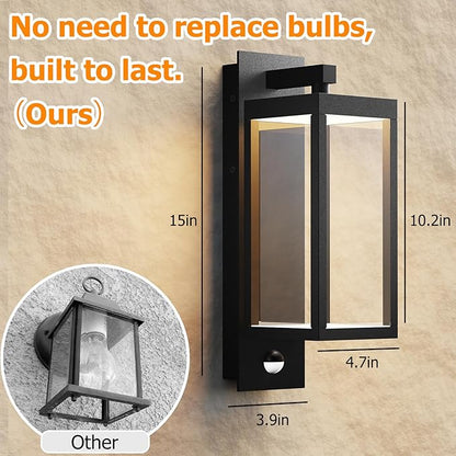 Outdoor Light Wall Sconce Motion Sensor Porch Light for House,15" LED Modern Exterior Lighting Fixture Black,Waterproof Outside Lantern with Clear Glass for Garage Patio Garden,750LM,3000K