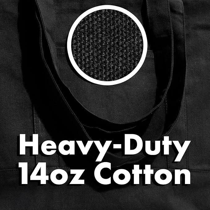 Carrywell (Not Made In China) Black Canvas Tote Bags with Zipper, 15"x 21", Heavy Duty Organic Cotton With Handles and Front Pocket, Reusable Shopping Totes