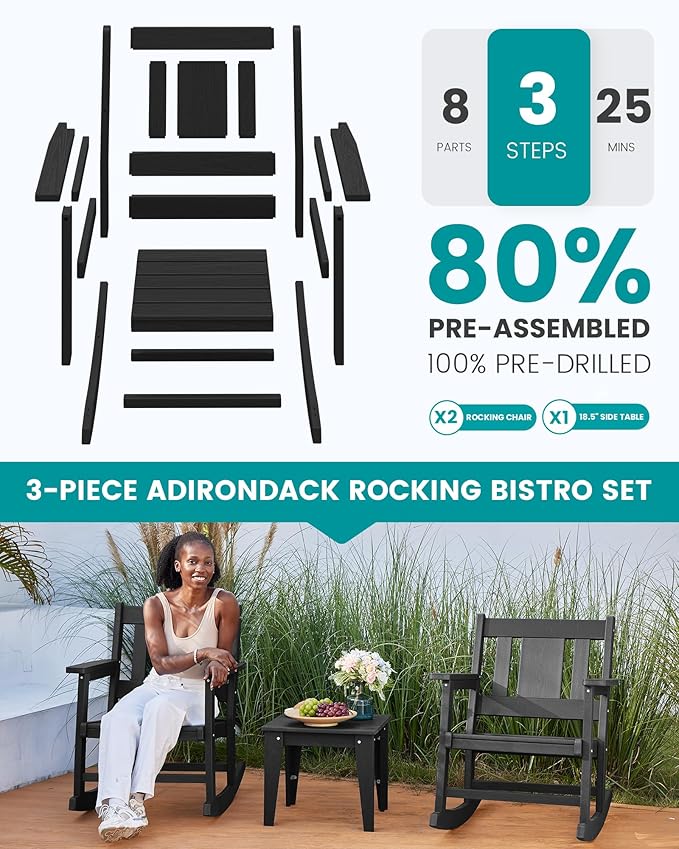 SERWALL Outdoor Rocking Bistro Set, HDPE Patio Furniture Set, Porch Rocking Chair Set with Table for Backyard, Balcony, and Garden- Black