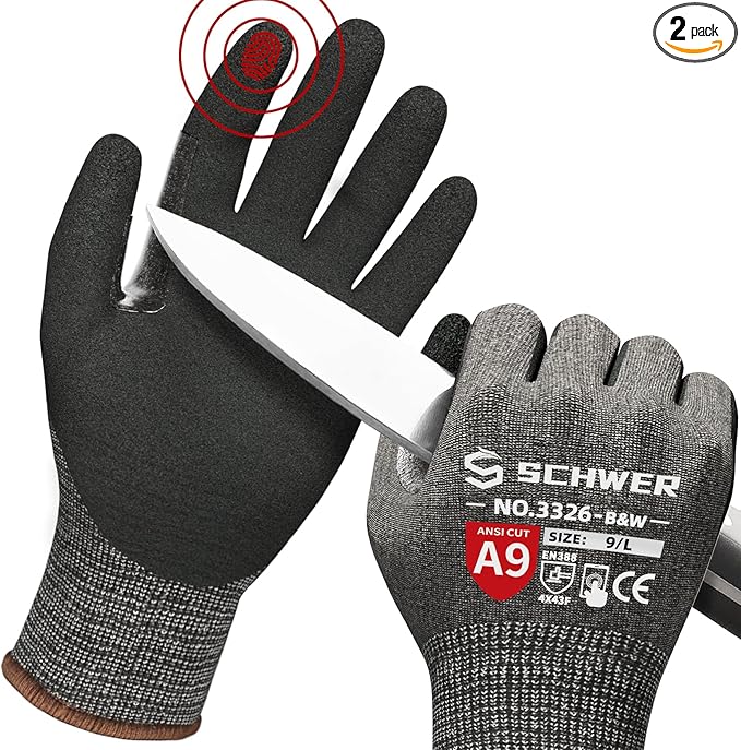 Schwer ANSI A9 High Level Cut Resistant Gloves, Black 2 Pairs（S）
