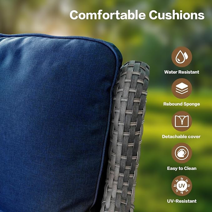 7 Pieces Outdoor Patio Furniture Conversation Set Rattan Wicker with Fire Pit Table, 3 Seat Sofa, 2 Swivel Rocker Chairs, 2 Ottomans and 1 Side Table for Yard Backyard (Grey/Navy Blue)