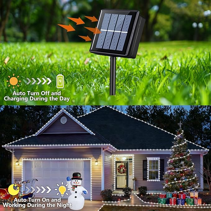 YEGUO Solar Christmas Lights Outdoor Waterproof, 2 Packs Each 33ft 100 LED Rope Lights, 8 Modes Fairy String Lights in Clear Thin Tube for Camping Fence Patio Garden Trampoline Deck(White)