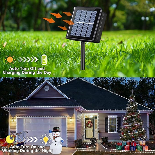 YEGUO Solar Christmas Lights Outdoor Waterproof, 2 Packs Each 33ft 100 LED Rope Lights, 8 Modes Fairy String Lights in Clear Thin Tube for Camping Fence Patio Garden Trampoline Deck(White)