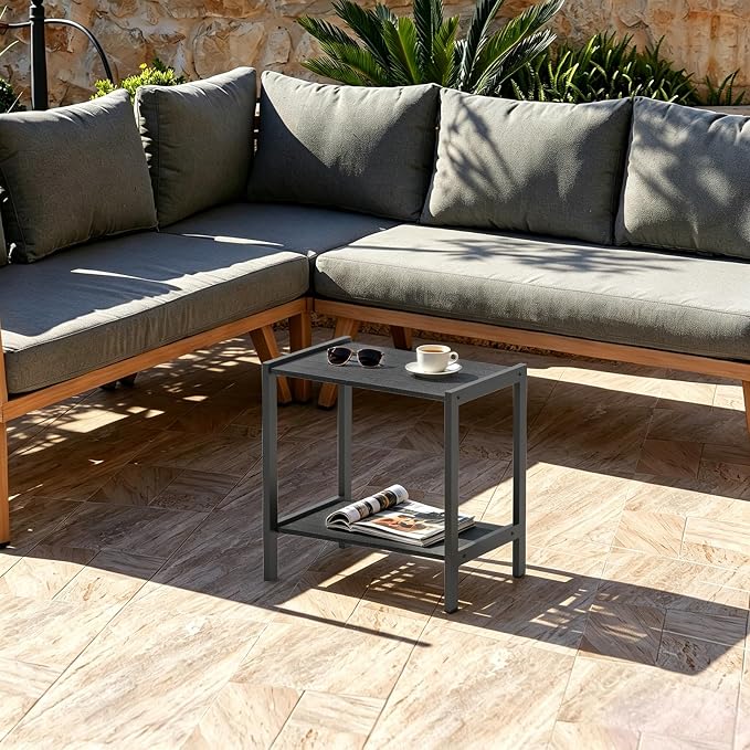 Outdoor Side Table 2 Tier Small Patio End Table with Metal Frame, Weather Resistant Square Porch Coffee Table for Patio, Deck, Garden, Backyard and Balcony, Indoor Outdoor Use, Black