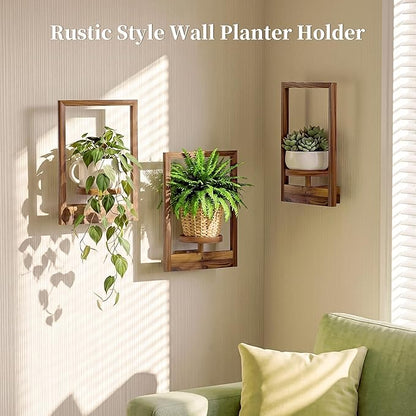 NATURE'S SOURCE Hanging Planters for Indoor Plants Wall Decor, Wooden Floating Shelves for Wall Planter, Window Plant Shelves Hold 22 lbs, Farmhouse Decor 16.5" x 11.8" (3 Pack)