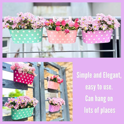 LaLaGreen Rail Planter for Deck Railing (11.2 Inch, 6 Pack) Colorful Metal Iron Hanging Flower Pots, Polka Dot and Strawberry Fence Garden Cute Balcony Box Plant Holder with Hooks Bucket Hang Porch