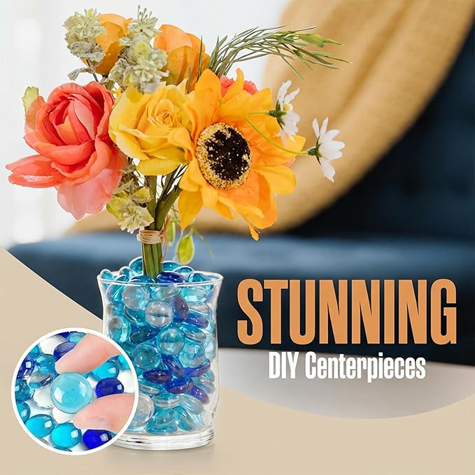 Houseables Glass Beads for Vases, Marbles for Vases, Glass Marbles, Blue & Clear Beads, Flat, Blue & Clear Gems, Filler, Crafts, Pebbles, Stones, Decorative Rocks, Plants, Flower, Fishbowl, 5LB, 500PC