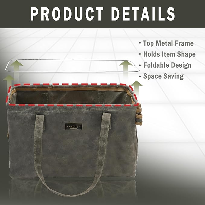 Canvas Tool Tote Bag | 16OZ Waxed Canvas Tool Carrying Bag - with 8 Pockets & Top Metal Support Rods, Rectangular Top Open Tool Tote Bag for Chisels Wrench Hammer Level | Army Green