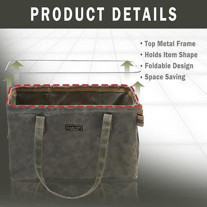 Canvas Tool Tote Bag | 16OZ Waxed Canvas Tool Carrying Bag - with 8 Pockets & Top Metal Support Rods, Rectangular Top Open Tool Tote Bag for Chisels Wrench Hammer Level | Army Green