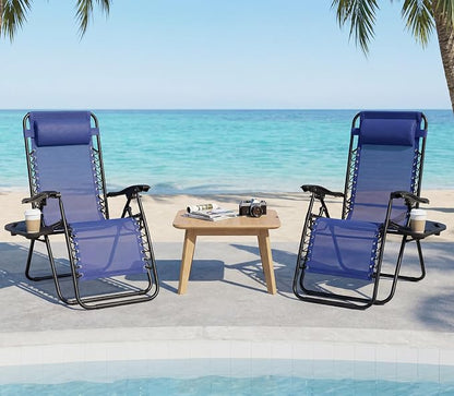 Alpen Folding Lounge Chair Outdoor Set of 2, Lawn Chairs Adjustable & Foldable with Side Table Headrest, Portable Blue Reclining Camping Chair for Outdoor Camping, Blue