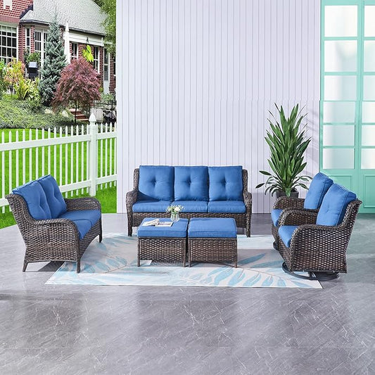 HUMMUH 6 Piece Patio Furniture Set PE Wicker Rattan 3-Seat Outdoor Sectional Sofa with Love Seats,Patio Swivel Chairs,Ottomans Conversation Sets for Garden, Poolside, Backyard