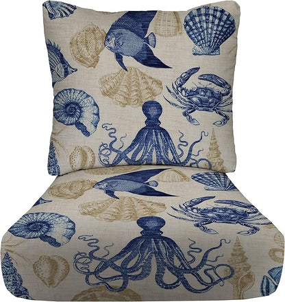 RSH DECOR Deep Seating Cushion with Pillow Back | 25” x 25.5” Seat | Water and Fade-Resistant Spun Fabric | Outdoor Chair Cushion Set for Patio Furniture | Blue Tan Crab