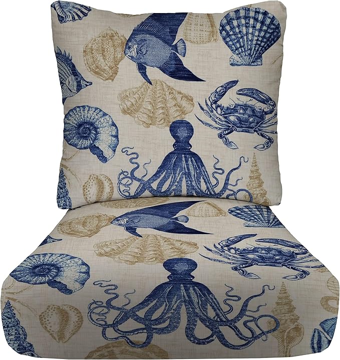 RSH DECOR Deep Seating Cushion with Pillow Back | 22” x 25” Seat | Water and Fade-Resistant Spun Fabric | Outdoor Chair Cushion Set for Patio Furniture | Blue Tan Crab