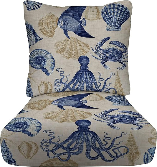 RSH DECOR Deep Seating Cushion with Pillow Back | 24” x 26” Seat | Water and Fade-Resistant Spun Fabric | Outdoor Chair Cushion Set for Patio Furniture | Blue Tan Crab