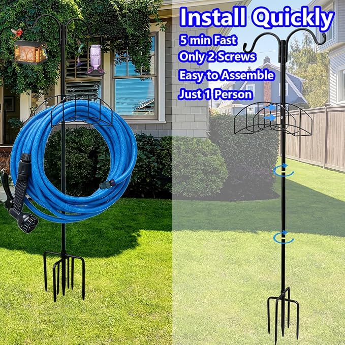 2-Pack Heavy Duty 7-Prong Garden Hose Holder with Dual Hooks | Freestanding Heavy Duty Garden Hose Stand,150FT Capacity Outdoor Yard Organizer for Bird Feeder and Plant Hanging