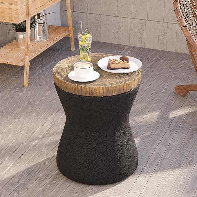 HOMPUS Outdoor Concrete Side Table Sets of 2, 2 Pieces Black Round Patio End Table, Small Outdoor Accent Table, Hourglass Shaped Garden Stool for Paito, Outside, Black