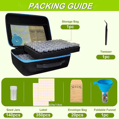140 Slots Seed Storage Organizer Box with 20 Envelopes, Large Capacity Seed Storage Container with Zipper Bag, Label Stickers, Tweezers, Funnel, Garden Seeds Saver Kit for Vegetable, Flower