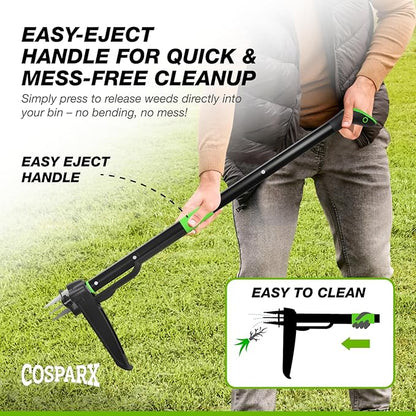 Weed Puller Tool with Long 43” Handle, No Bending, Easy Eject – Removes Weeds Effortlessly, Sturdy Foot Pedal & Lightweight Aluminum - 4-Claw Hand Weeding Tool