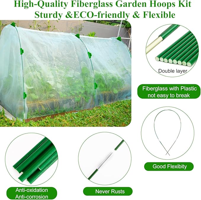 Garden Mesh Netting Kit,10 x 30FT Ultra Fine Netting with 6 Sets Fiberglass Garden Hoops for Raised Beds Vegetable Plants Fruits Greenhouse Row Cover Birds Animals Barrier Protection Net