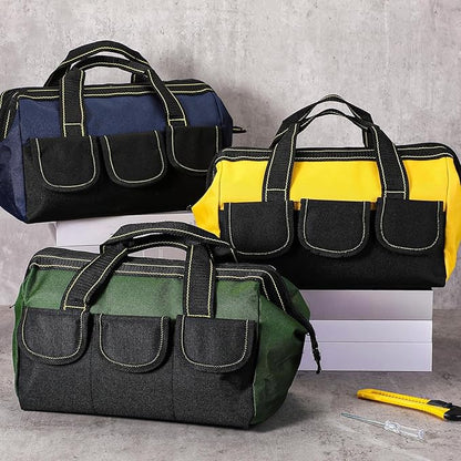 Sanwuta 3 Pack Tool Bag for Men with Waterproof Hard Bottom, Heavy Duty Tool Bag Wide Mouth Tote for Various Instrument, Electrician Carpenter Mechanic(Blue, Green, Yellow,16 Inch,Classic)